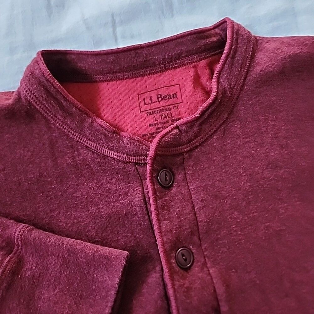 LL Bean River Drivers Shirt Mens L Tall Red Wool Henley Thermal Two Layer L/S